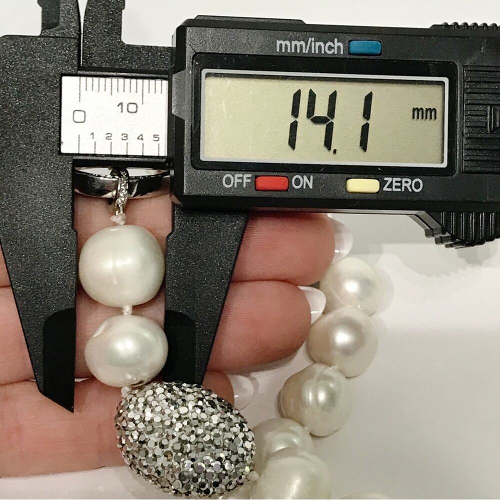 Real 14mm Pearl Necklace Large CZ Clasp Pave Crystal 21" Hand Knotted Chunky VTG - Picture 2 of 15